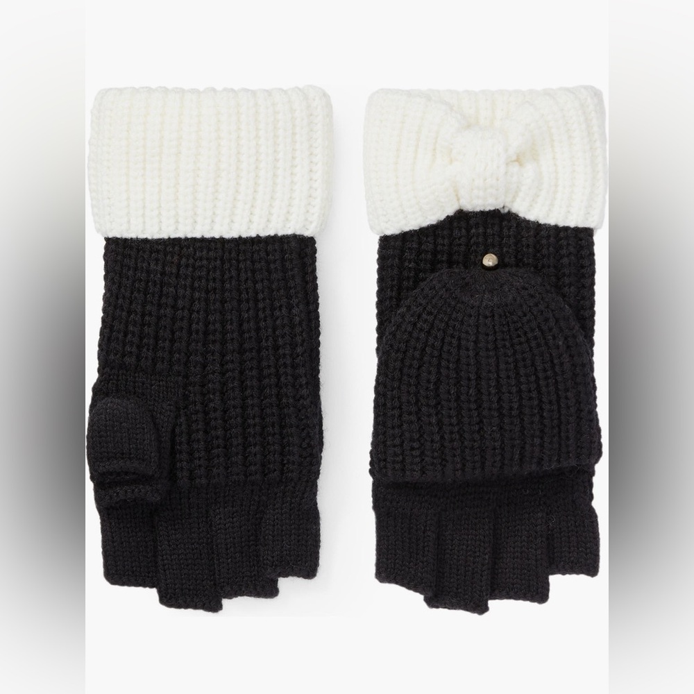 Kate Spade Bow Cuff Pop Top Mittens in Black and Cream
